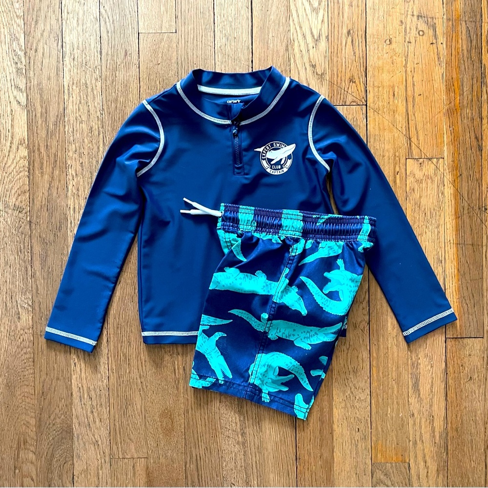 Carter’s ~ Boys size 4T Swim trunks and long sleeve rash guard top.